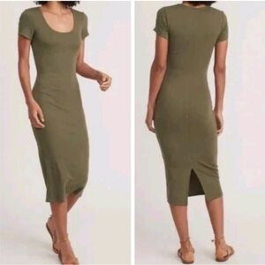 Marine Layer Lexi Rib Short Sleeve Midi Dress in Olive - Extra Small